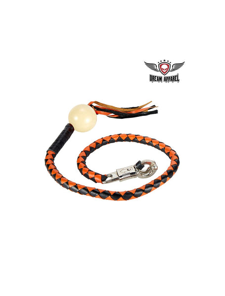 Black And Orange Fringed Get Back Whip with White Pool Ball Jimmy Lee Leathers Club Vest