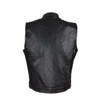 Club Vest Men's Black Naked Cowhide Leather Motorcycle Vest W/ Red Stitching Jimmy Lee Leathers Club Vest