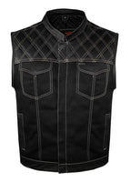 Jimmy Lee Leathers Mens Black Vest Diamond Design leather over denim white stitching Jimmy Lee Leathers Club Vest
