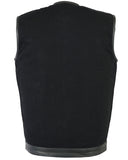 MEN'S BLACK DENIM SINGLE PANEL CCW VEST W/LEATHER TRIM- W/O COLLAR Jimmy Lee Leathers Club Vest