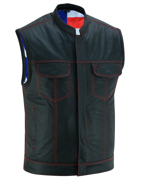 MEN’S LEATHER VEST WITH RED STITCHING AND USA INSIDE FLAG LINING Jimmy Lee Leathers Club Vest