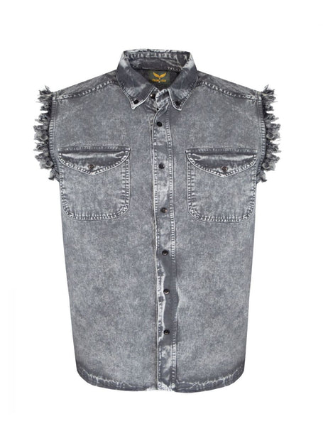 Mens Biker Cuttoff Cotton Shirt Stonewash Grey Jimmy Lee Leathers Club Vest