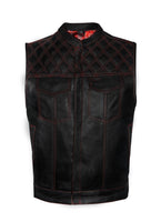 Motorcycle Club Vest Naked Cowhide Leather Red Stitching Diamond Pattern on Shoulder by Jimmy Lee Jimmy Lee Leathers Club Vest