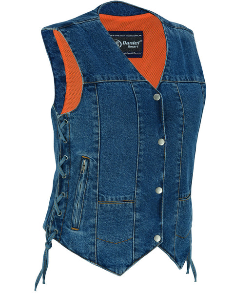 WOMEN'S 6 POCKET DENIM UTILITY VEST - BLUE Jimmy Lee Leathers Club Vest