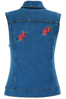 WOMEN'S BLUE DENIM SNAP FRONT VEST WITH RED DAISY MOTORCYCLE VEST Jimmy Lee Leathers Club Vest