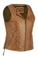 WOMEN’S BROWN ZIPPERED VEST STUDS WITH LACING DETAILS Jimmy Lee Leathers Club Vest